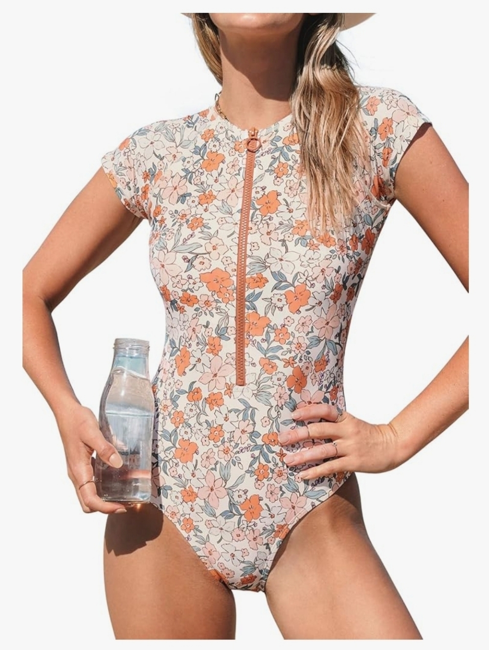 CUPSHE One piece Modest Zipper Short Sleeve Swim Suit, LARGE